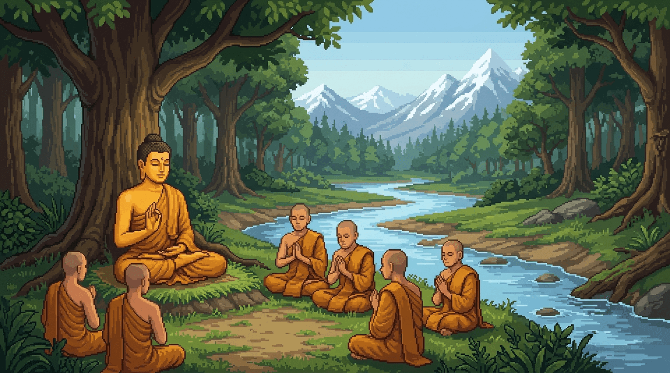 The Buddha teaching a small group of monastic disciples in a forest clearing, with a stream and snow-capped mountains in the distance