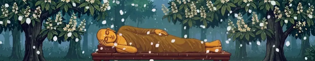 The Buddha resting on a couch beneath sala trees in a forest clearing, with white blossoms falling — animated pixel-art rendering of the parinibbāna scene