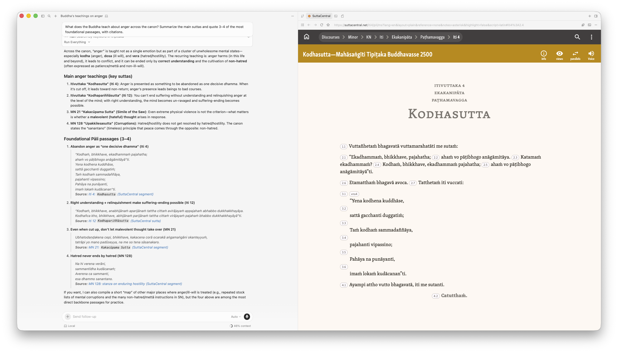 Claude reply on the left summarising suttas about anger with citations, SuttaCentral source page open on the right showing the verbatim Pāli — every quote is verifiable in one click