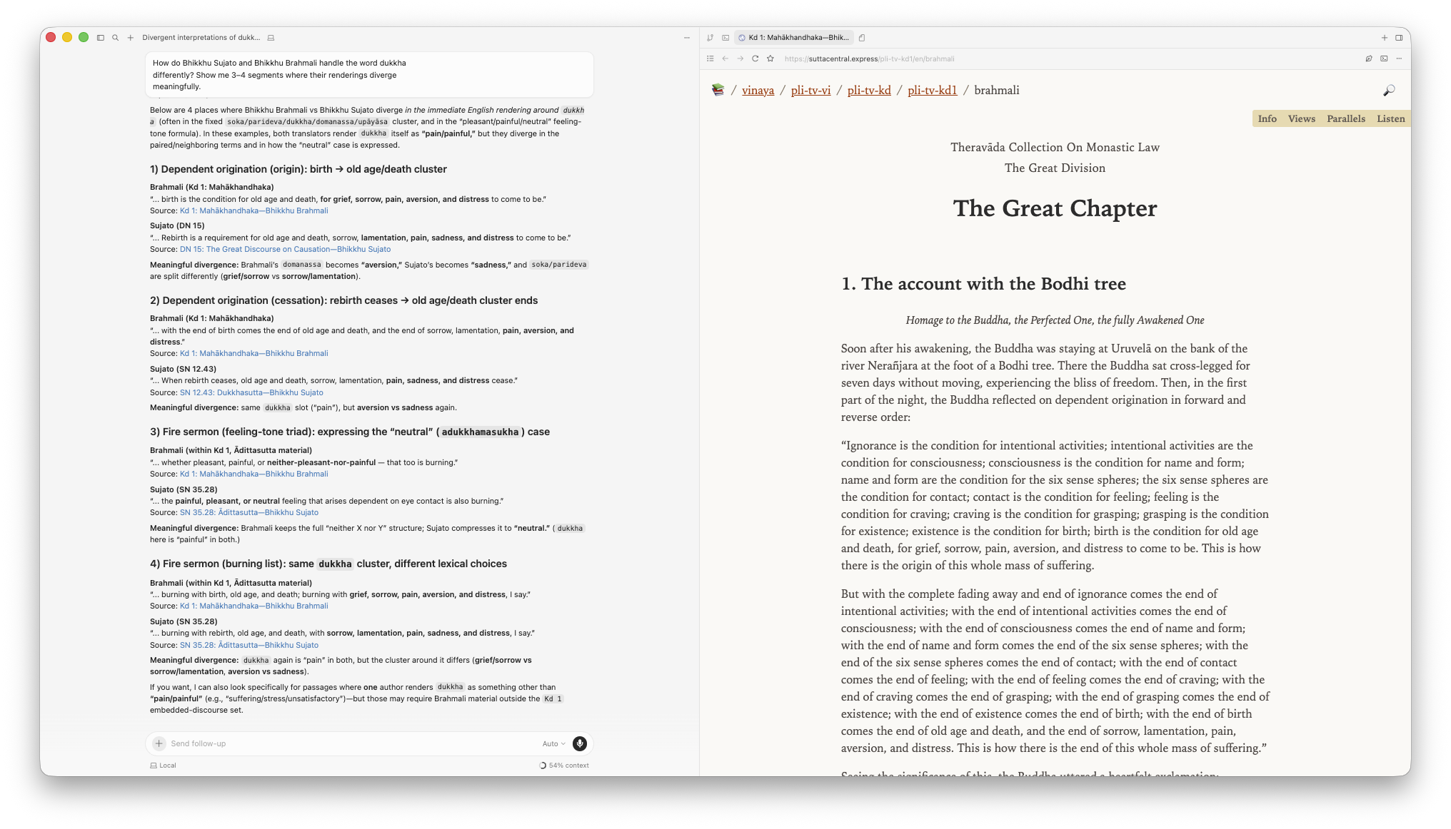 Side-by-side translation comparison: AI client output on the left showing dukkha rendered differently across editions, source page on the right with the canonical Pāli passage