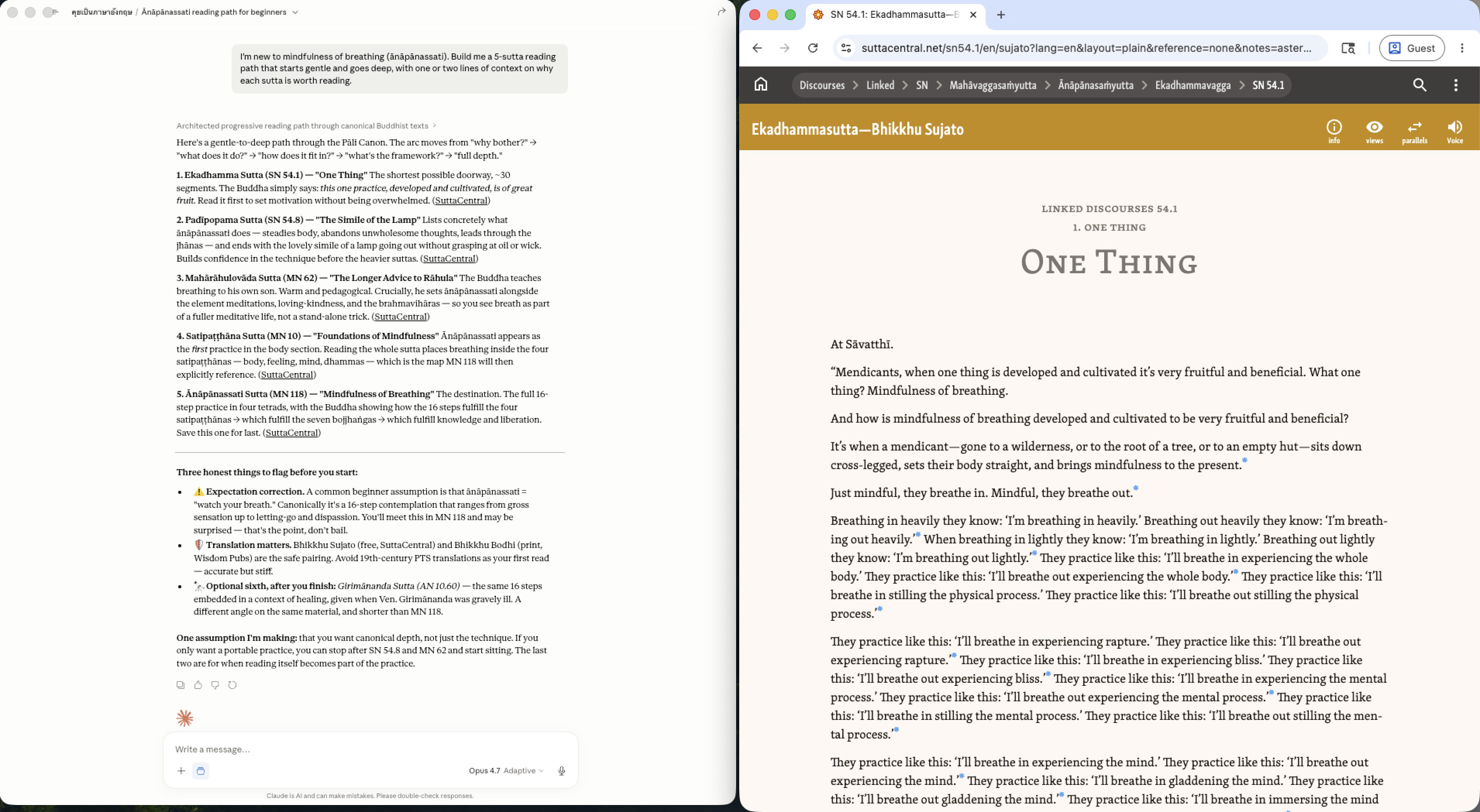 AI client output building a 5-sutta reading path for mindfulness of breathing, ordered from gentle introduction to deeper practice, each step with citation and short context
