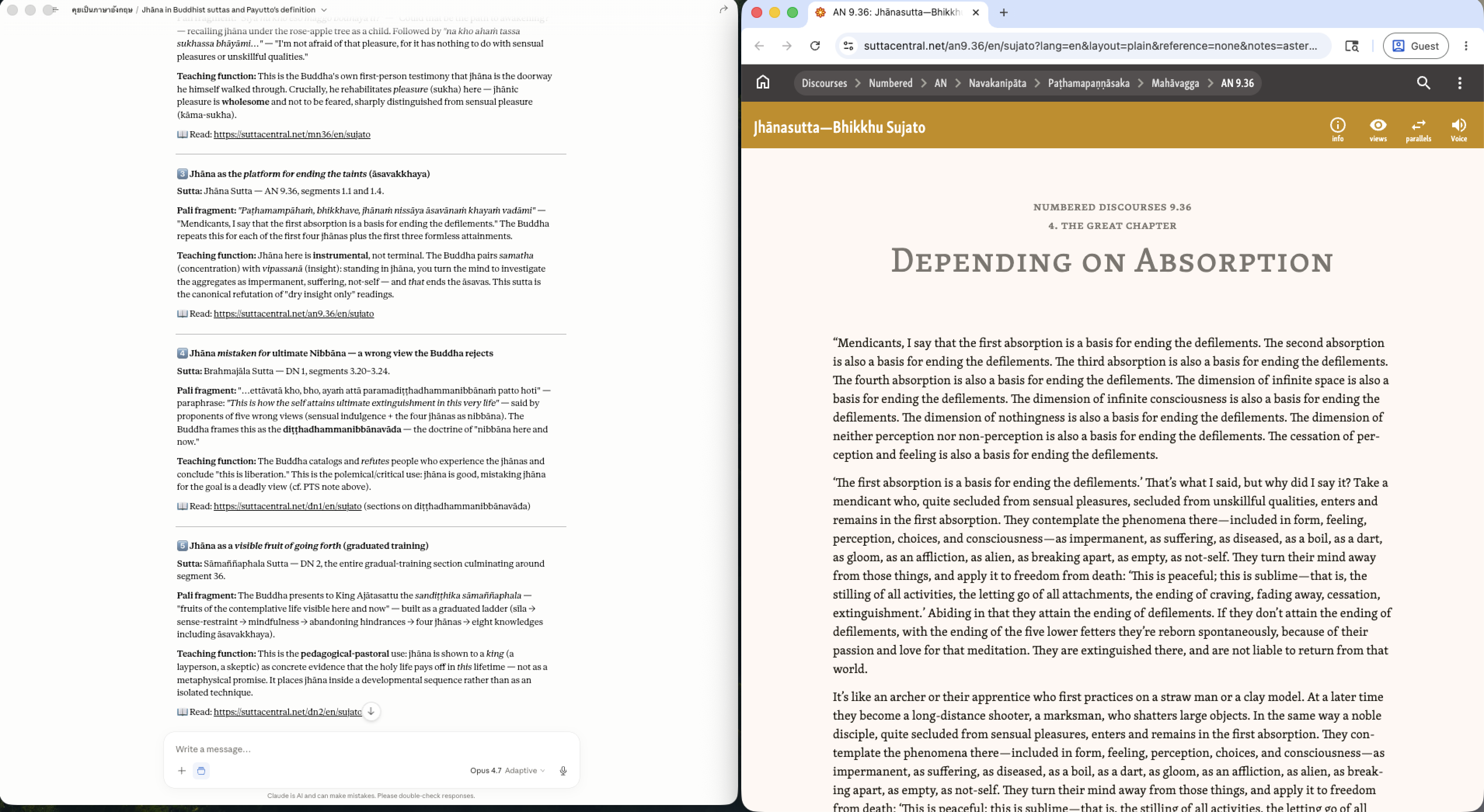 AI client output combining the Payutto dictionary entry for jhāna with five contrasting sutta passages where the Buddha uses the term, each with canonical citation