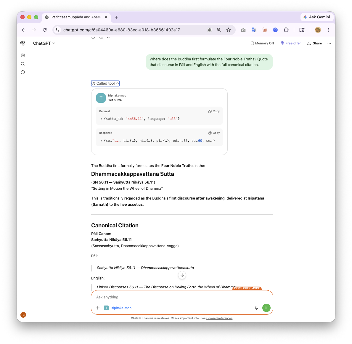 AI client identifying Dhammacakkappavattana Sutta (SN 56.11) as the canonical origin of the Four Noble Truths, with a get_sutta tool call visible and a formatted citation block below