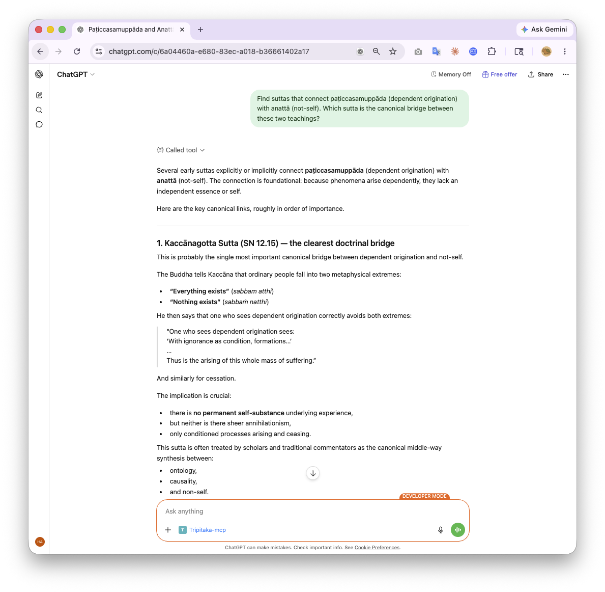 AI client identifying the canonical sutta that bridges dependent origination (paṭiccasamuppāda) and not-self (anattā), with supporting passages and verifiable citations